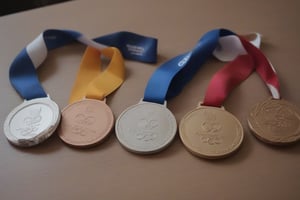 score_9,score_8_up,score_7_up,score_6_up, 3 olympic medals, Gold, Silver, Bronze, beautiful, display on table,