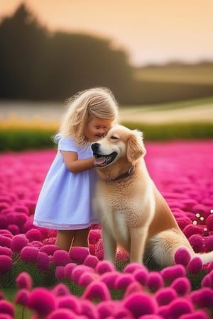 A little girl with curly blonde hair is playing with her dog in a flower field.