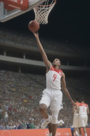 score_9,score_8_up,score_7_up,score_6_up, basketball player, national team jersey, basketball net, indoor stadium, crowds,  basketball players, fast pace, olympic,  