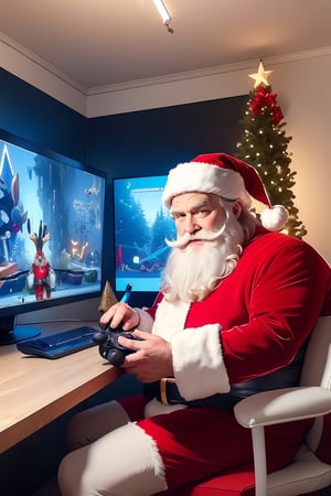Masterpiece, 8k, RAW, ultra realistic, Santa claus sitting and gaming, maps on screens, types of presents on screen, christmas decorated room,
gameroomconcept,Santa Claus,gameroomconcept