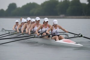 score_9,score_8_up,score_7_up,score_6_up, 4 women rowing, at sea with other rowing skulls, water splashing, number tag, leading competiton in background, fast pace, olympic,  