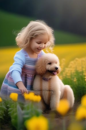 A little girl with curly blonde hair is playing with her dog in a flower field.