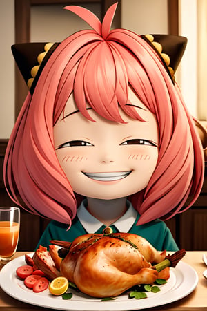 (Masterpiece, 8k, RAW, ultra_realistic),  Anya, (right hand holding a large turkey drumstick), big grin.  (roast turkey with a missing turkey leg on table), Home dining room scene, pink hair, 8yo, funny, cute, sweet, 

Anya,perfect girl,pose,girl,loli,beautiful,kid,Pink hair, younger_female

IncrsAnyasHehFaceMeme,grin,smug,masterpiece