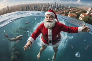 (masterpiece, photo realistic), (swimming in water), view from above, Santa swimming toward city, magical, surreal, ,photo r3al