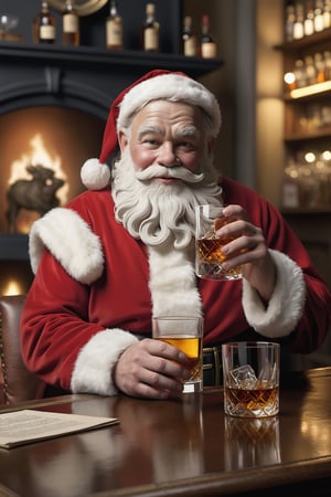 (masterpiece, photo realistic), Santa enjoying a glass or rare whisky at home, fancy old fashion glass, a hugh collection of limited edition designer whisky bottles in background, ,photo r3al