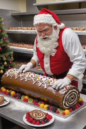 Santa Claus putting the final touches to a Christmas Log Cake.many eleves working as well,  Looks wonderful, colorful and delicious with lots of fruits, chocolates and icing sugar. inside a professinal bakery kitchen,  complete mess in the background, 
absolute chaos!!! 