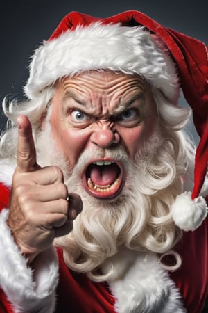 close up, angry Santa, yelling at viewer, fuming face, pointing at viewer, 