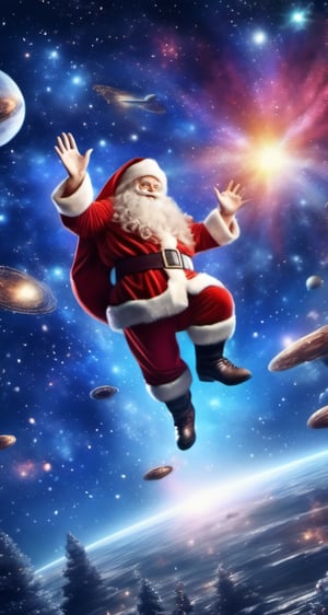 masterpiece, photorealistic, Santa Claus flying thru galaxies to spread christmas stardust everywhere, spectacualr scene!! futuristic!
space,