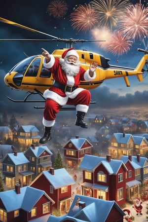 (masterpiece, photo realistic, ), Santa from helicopter dropping gifts to houses below, magical,  fireworks, amazing scene, spectacular!!! , 