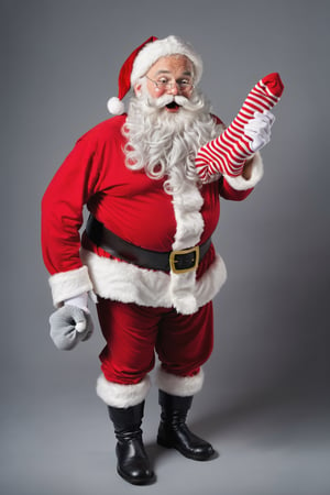 Santa Claus holding a pair of stinky torned socks, awfully smelling socks, 