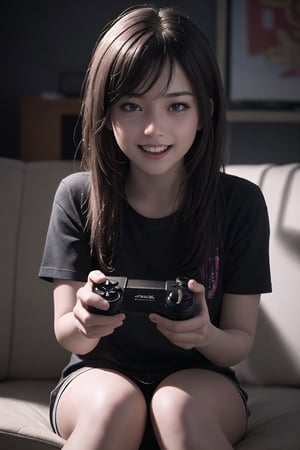 (masterpiece, 8K, RAW, ultra realistic), 1girl, playing video game, extremely happy, 