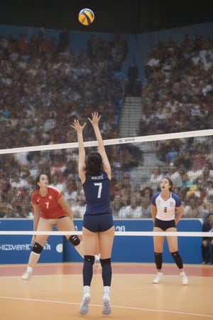 score_9,score_8_up,score_7_up,score_6_up, volleyball match, national team jersey, volleyball court, net, indoor stadium, crowds,  female volleyball players, 1volleyball, fast pace, olympic,  