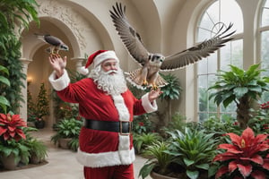 Santa with an beautiful falcon flying low inside a large elegant indoor garden with lots of beautiful plants, 
