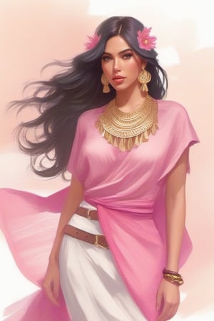 (Masterpiece - Illustrations - Detailed - Best Quality)) - pencil sketch Style - Genshin Impact Style - Scarlett johansson as milf Woman -   - Aztec - Long Black Hair - Dark Brown Skin - Stunning Look - Traditional Wear Mexican - poncho - pink Mexican skirt - sash at waist and abdomen - closed huaraches - gold bracelets, earrings and necklaces - imposing presence - flower petals in the environment-