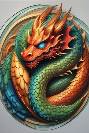 dragon and another creature, in the style of circular abstraction, jewel tone metallic gradients, intertwining materials, realistic fantasy artwork, swirling vortexes, chromatic harmony, balance,Magical Fantasy style,portrait_futurism,oni style