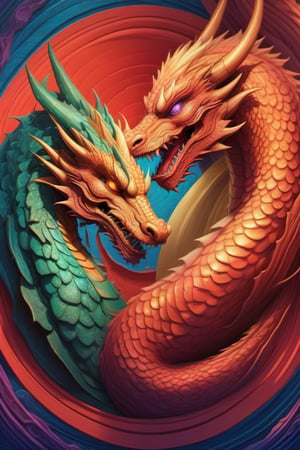 dragon and another creature, in the style of circular abstraction, jewel tone metallic gradients, intertwining materials, realistic fantasy artwork, swirling vortexes, chromatic harmony, balance,Magical Fantasy style,portrait_futurism,oni style