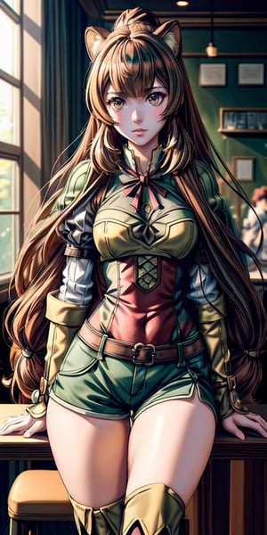 Raphtalia from The Rising of the Shield Hero, anime girl, (best quality, masterpiece, ultra quality), 20 year old, thin waist, beautiful figure, wide hips, detailed face, detailed eyes, look at camera, perfect lighting, UHD, line art, background detailed, digital art, intricate details, highly detailed, dinamic angle, (dinamic pose), dinamic light, modern street, particles, ink painting, outline, intricate line drawings, (((shorts))), long green hair, brown eyes, on a cafe chair,raphtalia