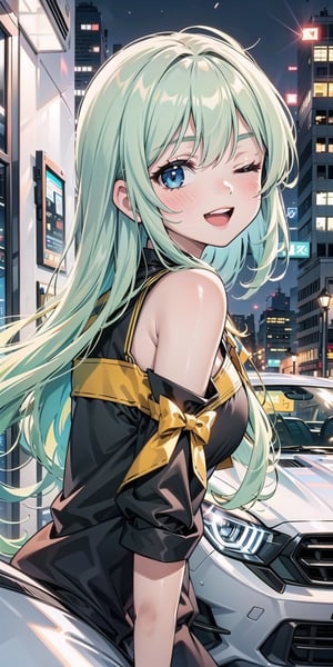 1girl, solo, long hair, looking at viewer, blush, smile, open mouth, bangs, blue eyes, orange hair, shirt, bare shoulders, upper body, outdoors, frills, detached sleeves, one eye closed, teeth, blurry, from side, looking to the side, black shirt, night, blurry background, ;d, ground vehicle, motor vehicle, car, road, street