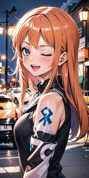 1girl, solo, long hair, looking at viewer, blush, smile, open mouth, bangs, blue eyes, orange hair, shirt, bare shoulders, upper body, outdoors, frills, detached sleeves, one eye closed, teeth, blurry, from side, looking to the side, black shirt, night, blurry background, ;d, ground vehicle, motor vehicle, car, road, street,nami