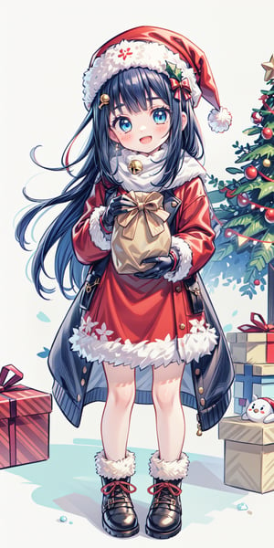 christmas, santa_hat, santa_costume, 1girl, hat, holding_sack, sack, fur-trimmed_headwear, fur_trim, solo, red_headwear, smile, christmas_ornaments, merry_christmas, bell, open_mouth, long_hair, boots, holly, christmas_tree, santa_gloves, red_coat, gloves, looking_at_viewer, blush, coat, red_gloves, box, gift, scarf, bag, red_dress, sweater, long_sleeves, hair_ornament,Cute girl,asirpa