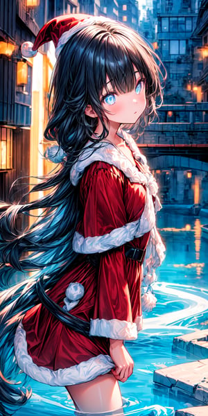absurdres, highres, ultra detail background, (1 girl:1.3), (dynamic angle:1.4),
BREAK
(long straight hair, blunt bangs, black hair:1.2), (oversized santa outfit:1.2), light blue eyes, (stream function wired:1.4)