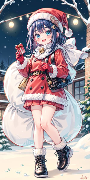 christmas, santa_hat, santa_costume, 1girl, hat, holding_sack, sack, fur-trimmed_headwear, fur_trim, solo, red_headwear, smile, christmas_ornaments, merry_christmas, bell, open_mouth, long_hair, boots, holly, christmas_tree, santa_gloves, red_coat, gloves, looking_at_viewer, blush, coat, red_gloves, box, gift, scarf, bag, red_dress, sweater, long_sleeves, hair_ornament,Cute girl,asirpa