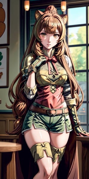 Raphtalia from The Rising of the Shield Hero, anime girl, (best quality, masterpiece, ultra quality), 20 year old, thin waist, beautiful figure, wide hips, detailed face, detailed eyes, look at camera, perfect lighting, UHD, line art, background detailed, digital art, intricate details, highly detailed, dinamic angle, (dinamic pose), dinamic light, modern street, particles, ink painting, outline, intricate line drawings, (((shorts))), long green hair, brown eyes, on a cafe chair,raphtalia