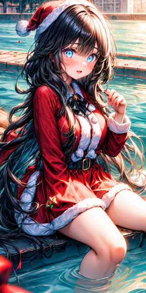 absurdres, highres, ultra detail background, (1 girl:1.3), (dynamic angle:1.4),
BREAK
(long straight hair, blunt bangs, black hair:1.2), (oversized santa outfit:1.2), light blue eyes, (stream function wired:1.4)