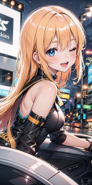 1girl, solo, long hair, looking at viewer, blush, smile, open mouth, bangs, blue eyes, orange hair, shirt, bare shoulders, upper body, outdoors, frills, detached sleeves, one eye closed, teeth, blurry, from side, looking to the side, black shirt, night, blurry background, ;d, ground vehicle, motor vehicle, car, road, street