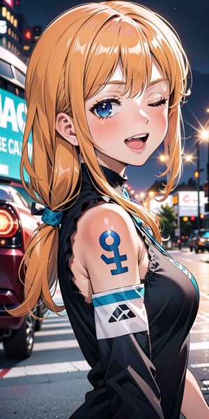 1girl, solo, long hair, looking at viewer, blush, smile, open mouth, bangs, blue eyes, orange hair, shirt, bare shoulders, upper body, outdoors, frills, detached sleeves, one eye closed, teeth, blurry, from side, looking to the side, black shirt, night, blurry background, ;d, ground vehicle, motor vehicle, car, road, street,nami