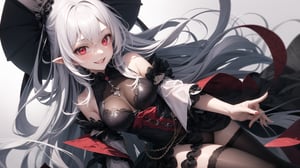  cute loli girl with white hair, red eyes, vampire girl, beatiful face, villianous smile