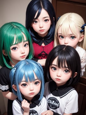 child_face, little_girl, small_body,masterpiece, best quality, 3girls, three_girls, blue_hair,red_hair, green_hair, fantasy_world, looking_at_viewer