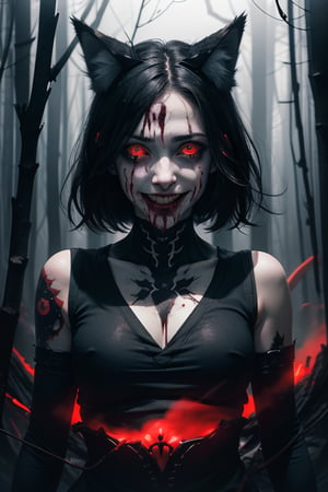 woman, wolf ears, white and black hair, red glowing eyes, crying blood, psychopath, creepy smile, ominous crimson smoke background, in a dark forest, wide shot, whole body shot, volumetric lighting, face tattoo, bloody blades 