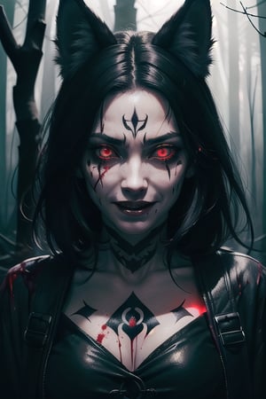 woman, wolf ears, half white half black hair, red glowing eyes, crying blood, psychopath, creepy smile, ominous crimson smoke background, in a dark forest, wide shot, whole body shot, volumetric lighting, face tattoo, bloody blades 