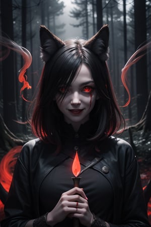 woman wolf mix, wolf ears, red glowing eyes, psychopath, creepy smile, ominous crimson smoke background, in a dark forest, dagger in hand, licking dagger