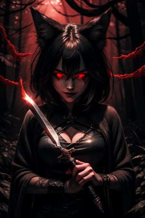 woman wolf mix, wolf ears, red glowing eyes, psychopath, creepy smile, ominous crimson smoke background, in a dark forest, dagger in hand,perfecteyes