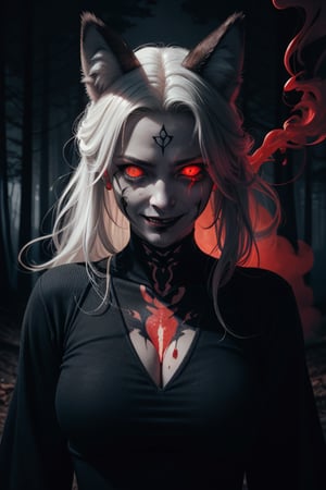 woman, wolf ears, red glowing eyes, crying blood, psychopath, creepy smile, ominous crimson smoke background, in a dark forest, wide shot, whole body shot, volumetric lighting, face tattoo, bloody blades 