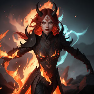 fierce warrior, their skin a deep, fiery hue. Their horns curve gracefully from their forehead, and eyes blaze like burning embers. They don intricate, dark armor that accentuates their strength, full-body, etremely detailed, hd, volumetric lighting