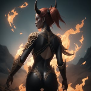 fierce warrior, their skin a deep, fiery hue. Their horns curve gracefully from their forehead, and eyes blaze like burning embers. They don intricate, dark armor that accentuates their strength. A tapered tail extends from their back. This distinctive appearance stems from a blend of human and otherworldly lineage, full-body_portrait, etremely detailed, hd, volumetric lighting