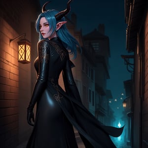 A stunning tiefling rogue stands confidently amidst a dimly lit alley. Their skin is a deep, rich shade of amethyst that shimmers subtly in the low light. Curved, obsidian-black horns crown their forehead, elegantly spiraling upward. Fiery orange eyes with slit pupils gleam with an enigmatic intensity, casting an alluring glow.

The tiefling's face bears a balance of exotic and human-like features, their expression hinting at a mischievous charisma. Tresses of midnight-blue hair cascade down their shoulders, contrasting strikingly against the deep-hued skin.

Clad in form-fitting, shadowy leather armor, the tiefling's lithe physique is accentuated by the intricate patterns etched into the armor's surface, reminiscent of arcane sigils. A sinuous, charcoal-colored tail extends gracefully from the small of their back, occasionally flicking with an air of intrigue.

Their fingers are adorned with delicate, silver rings that seem to catch and reflect even the faintest gleam of light. Elongated, pointed ears taper elegantly at the tips, giving the tiefling an aura of refinement.

With a pair of sleek, obsidian daggers sheathed at their sides, this rogue emanates an aura of controlled danger. The playful curl of their lips suggests both confidence and a hint of secrecy, as if they hold the key to a multitude of hidden knowledge.

Behind them, shadows dance and intertwine, embracing the tiefling as if they were an embodiment of the night itself. The alleyway's worn cobblestones seem to absorb the soft glow of a distant lantern, further highlighting the tiefling's captivating presence