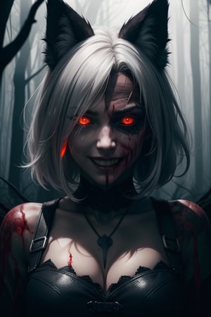 woman, wolf ears, half white hair, red glowing eyes, crying blood, psychopath, creepy smile, ominous crimson smoke background, in a dark forest, wide shot, whole body shot, volumetric lighting, face tattoo, bloody blades 