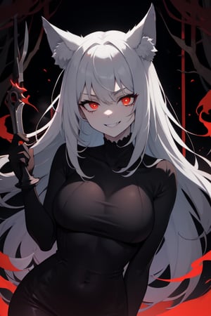 woman wolf mix, wolf ears, red glowing eyes, psychopath, creepy smile, ominous crimson smoke background, in a dark forest, dagger in hand