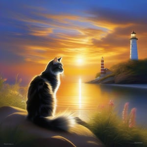 """"Delicate, Gleaming, Harmonious, Incandescent by artist "Igor Zenin"Group of Beautiful mainecoon cats with reflective eyes,seaside, lighthouse,daytime, artist Josephine Wall, hyper detailed, digital art, cinematic lighting, studio quality Hyperrealistic, splash art, concept art, mid shot, intricately detailed, color depth, realistic background""""