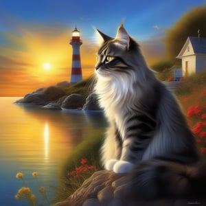 """"Delicate, Gleaming, Harmonious, Incandescent by artist "Igor Zenin"Group of Beautiful mainecoon cats with reflective eyes,seaside, lighthouse,daytime, artist Josephine Wall, hyper detailed, digital art, cinematic lighting, studio quality Hyperrealistic, splash art, concept art, mid shot, intricately detailed, color depth, realistic background""""