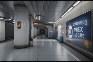 there is a large sign on the wall of a building, underground facility, subway station, underground scene, rendered in unreal engine 3, futuristic cyber subway station, mirrors edge art style, rendered in unreal engine 3d, underground metro, rendered on unreal 3 d, realistic unreal engine 3 d game, photorealistic screenshot, rendered in pov - ray, finalrender