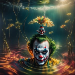 there is a man with a clown face in the water, surrealism 8k, concept art. 8 k, portrait of joker, movie still 8 k, fan art, film still of the joker, epic surrealism 8k oil painting, portrait of a joker, joker, from joker (2019), inspired by Mike Winkelmann, clown world