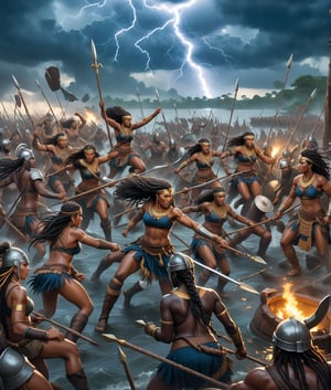 A fierce battle rages amidst a tempestuous sky, where a band of Dahomey Amazon warriors, adorned in intricate braids and ornaments, surround a battered Viking vessel. The Amazons, clad in loincloths and armed with spears and shields, their dark skin glistening with sweat, display determined expressions as they capture the worn wooden hull. Defeated Vikings lie on the ground, while others struggle against their captors. A few braids flow in the wind as a lightning-lit storm approaches, casting an intense and dramatic atmosphere. The strong and athletic bodies of the Amazons exude powerful femininity and strength, set against an earthy color palette punctuated by deep blues and grays.




