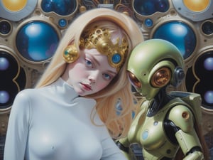 there is a woman and a robot standing next to each other, inspired by Ron English, oil and alien on canvas, alien man with alien woman, elle fanning as an android, an alien musician lost in space, alien girl, aliens in the background, album art, inspired by Jim Burns, artgerm and james jean, james jean and wlop