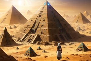 (best quality:1.33), (masterpiece:1.42), (realistic:1.24), (detailed:1.15), (high_res),there is a woman standing in front of a pyramid with a pyramid in the background, ancient megastructure pyramid, pyramid portal, giant aztec spaceship, giant aztec space city, interplanetary cathedral, exterior of scifi temple, dmt temple, galactic temple, dome of wonders, in a futuristic desert palace, futuristic persian palace, cosmic architecture, ancient yet futuristic