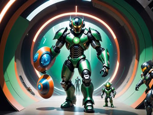 there is a man standing in a tunnel with a frisbee, in a futuristic arena, robot monster in background, robot lurks in the background, afro futuristic, part robot and part black human, with futuristic gear and helmet, afro futurism, serious sam as smash characters, cyborg in the data center, wrestlers wearing vr headsets, boston celtics ironman suit